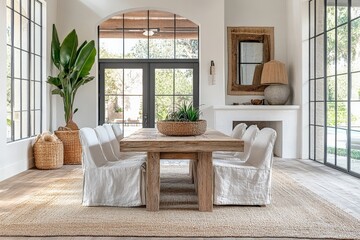 Elegant dining area showcasing a wooden table, chairs, and natural light in a serene home setting