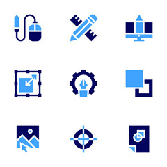 Graphic design icon set. Bold style. Duotone colors. scale, computer mouse, graphic design, fill, pen, registration mark, design tool