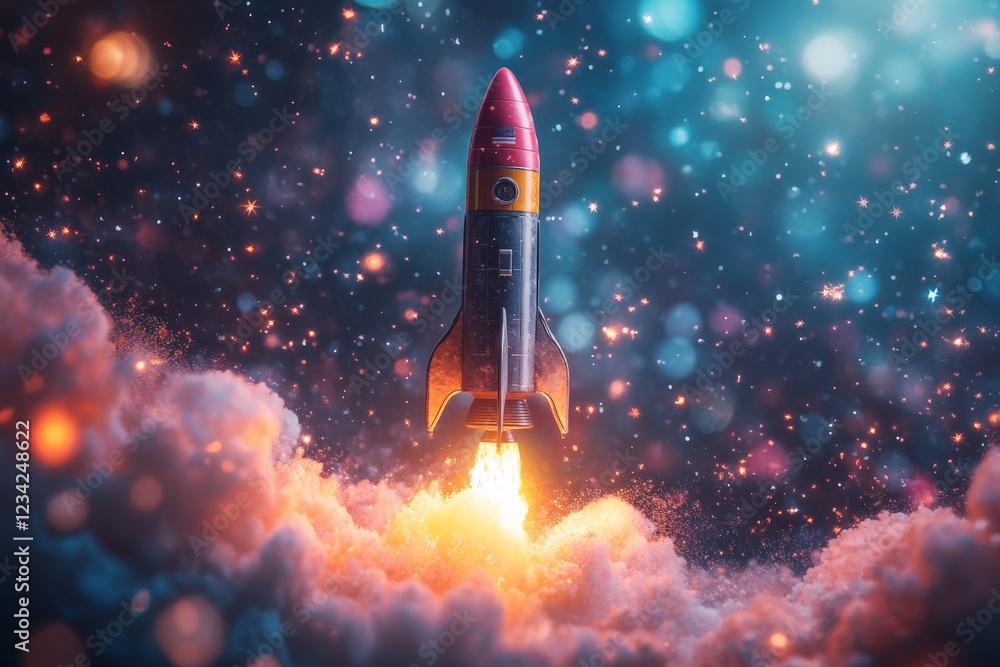 Poster rocket launching into a vibrant starry sky with colorful clouds in a cosmic journey