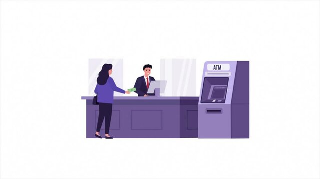 Cash deposit in the bank without an ATM concept. 2D animation.
