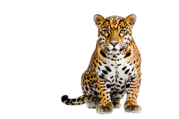 Obraz premium A sleek jaguar with golden-yellow fur and black spots, sitting on a white surface. Transparent background