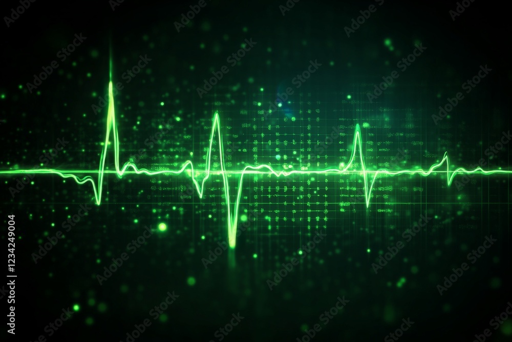 Poster abstract representation of a heartbeat waveform in vibrant green against a dark background