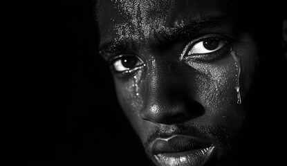 Black and white portrait of African American man with tears in his eyes, conveying raw emotion