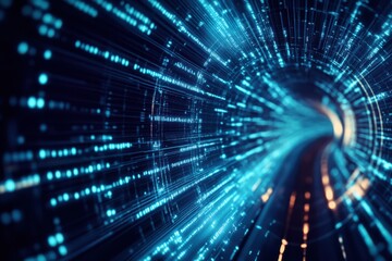 Glowing data streams flowing through digital tunnel symbolizing artificial intelligence processing