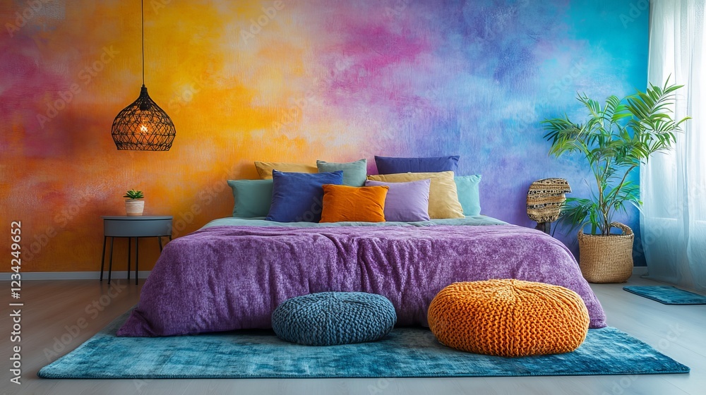 Poster cozy and inviting bedroom with a comfortable bed surrounded by a vibrant colorful wall creating a wa