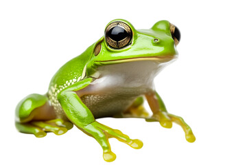 Obraz premium A vibrant green frog with bulging eyes, sitting on a white leaf. Transparent background