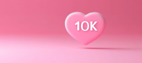 3D Render of a Pink Glossy Heart Shape with 10k Text, Isolated on a Pastel Pink Background.