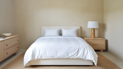 A bright bedroom with neutral walls and minimal furniture