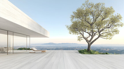 Modern house terrace, mountain view, tree, relaxation