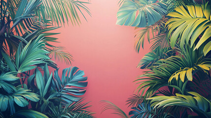 Lush Tropical Foliage on Coral Background Summer Nature Plants