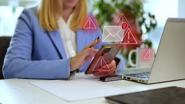 Young businesswoman using a smartphone, receiving dangerous messages with warning signs representing viruses, cyberattacks and cyber security issues