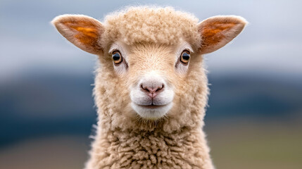 Naklejka premium Fluffy young sheep looks directly at the camera in a soft-focus outdoor pasture during daytime.