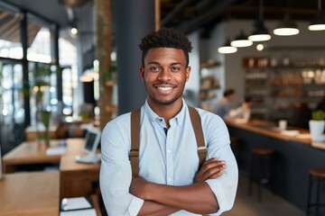 Obraz premium Portrait of a happy african american small business owner standing in his coffee shop