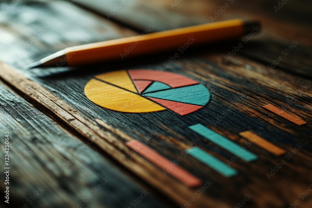 Leinwandbilder analysis of colorful pie chart and bar graph on rustic wooden surface with pencil in a creative work