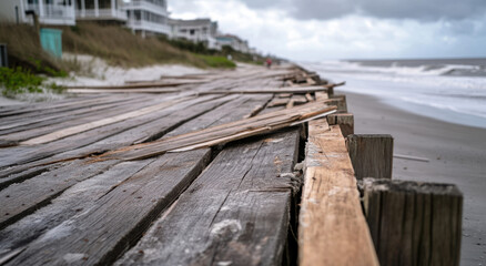 Fototapeta premium Weathered wooden planks stretch along a boardwalk by the beach, showcasing a tranquil coastal atmosphere. Distant ocean waves and nearby houses complete the picturesque seaside landscape