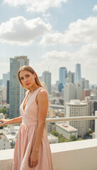 Composed woman posing in pastel dress against city skyline, spring fashion