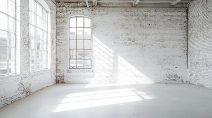 A large, bright room with white brick walls and tall windows allows natural light to flood in, creating a warm and inviting atmosphere in an urban environment