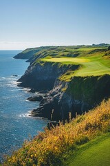 A beautiful view of a golf course with a body of water in the background