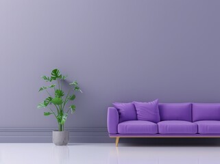 A purple sofa and plant against a purple wall in a minimal living room interior