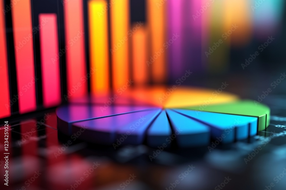 Poster Colorful data visualization showcasing trends with pie chart and bar graph in a modern design environment