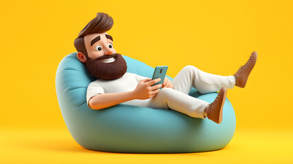 Handsome cartoon beard character man in white t-shirt relax at blue bean bag armchair and use smartphone over yellow background. 3d render illustration. Generative AI