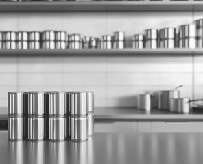 Obraz premium Black and white rendering of an empty shelf with blank can packaging mockups, positioned in the foreground. The background is filled with metallic cans neatly arranged on shelves. 