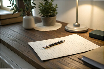Mental Health Support, A cozy workspace featuring a wooden desk, a pen, handwritten notes, a lamp, and a small potted plant.