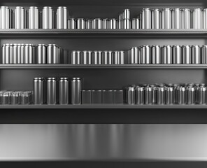 Obraz premium Black and white rendering of an empty shelf with blank can packaging mockups, positioned in the foreground. The background is filled with metallic cans neatly arranged on shelves. 