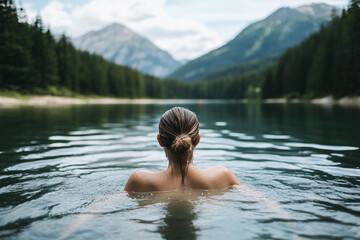 Fototapeta premium Serenity in nature as a person enjoys a mountain lake