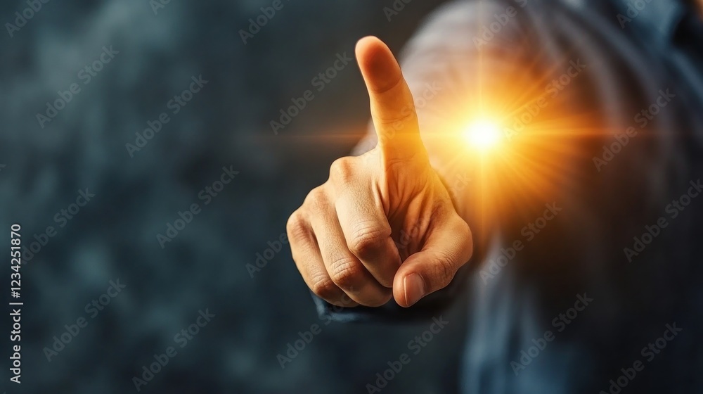 Poster person pointing finger with glowing light and shadowy background for conceptual art
