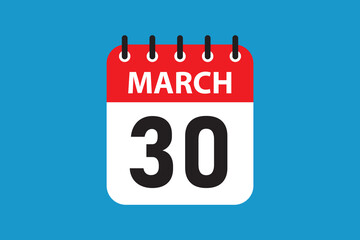 March 30 Calendar Icon, Flat Vector Date Illustration for Scheduling and Planning.