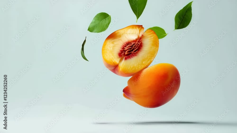 Poster ripe peach cut in half and a peach slice with green leaves are levitating on a light blue background