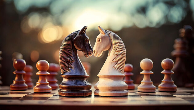 Dramatic close-up of two chess knights facing off at sunset.  Warm lighting and shallow depth of field create a captivating image perfect for themes of strategy, competition, or conflict resolution.