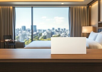 Blank white table tent card on a wooden counter top with a blurred hotel room background for product display presentation mock-up. 