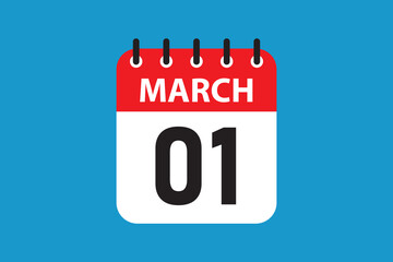 March 1 Calendar Icon Vector. Flat Design Date Illustration.