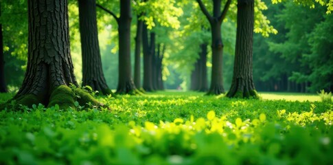 Obraz premium Tree trunks in the foreground amidst a lush verdant carpet, , landscape