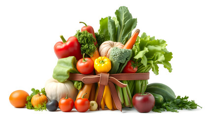 Healthy food concept. Vegetables and fruits tied with a leather belt isolated on white background. 3d illustration. Generative AI