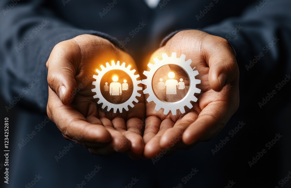Poster hands holding gears symbolizing teamwork and collaboration in business context