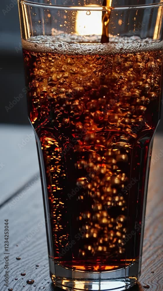 Poster a glistening close-up of freshly poured cola, highlighting each tiny bubble sparkling in the warm li