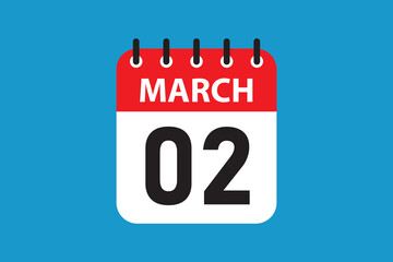 March 2 Calendar icon. Flat Design Date Graphic for Daily Use.