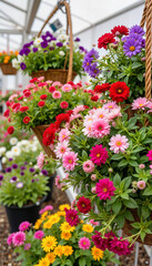 Vibrant hanging flower baskets in market garden, floral beauty