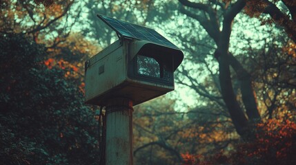 Vintage Surveillance Camera Observing Tranquil Forest Landscape Amidst Autumn Foliage