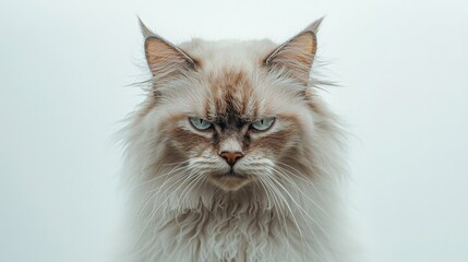 A fluffy long-haired cat with piercing blue eyes stares intensely at the camera. Its expression is one of serious displeasure