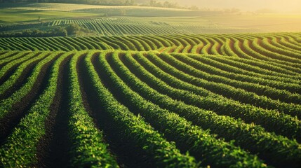 Neatly arranged green crops glowing under golden sunrise with morning mist