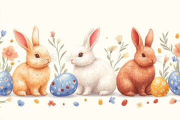 Fototapeta premium Three charming rabbits with colorful eggs surrounded by flowers during spring time celebration