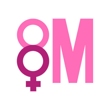 D&iacute;a internacional de la mujer. 8 de marzo. Logo con texto 8M, con n&uacute;mero 8 formado por el s&iacute;mbolo femenino 