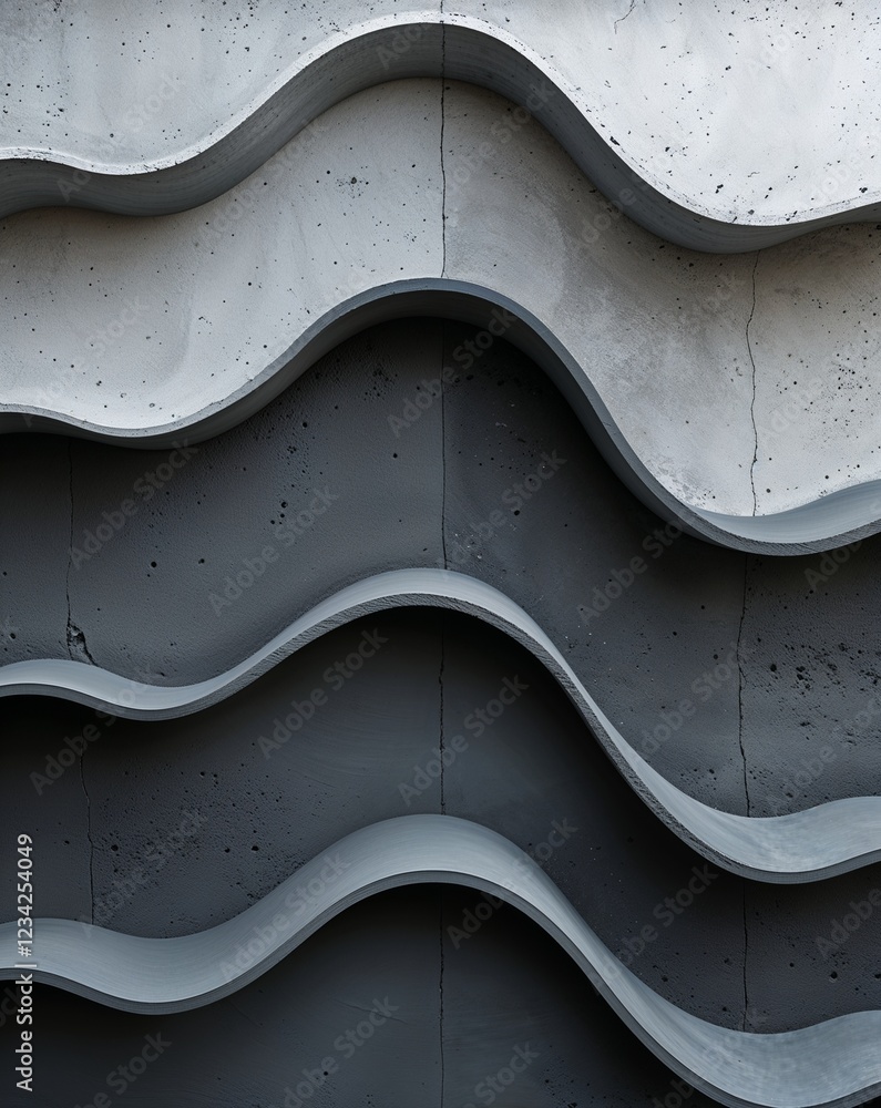 Poster a smooth transition from light gray to dark charcoal concrete wall texture with curve wavy layers ba