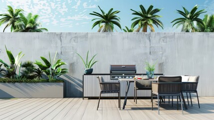 Fototapeta premium Modern outdoor dining area with a concrete wall. grill. and tropical plants