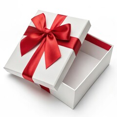 white gift box with red ribbon on a white background