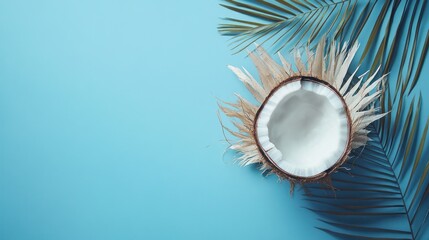 Tropical coconut half shell, palm leaves, blue background, summer vacation